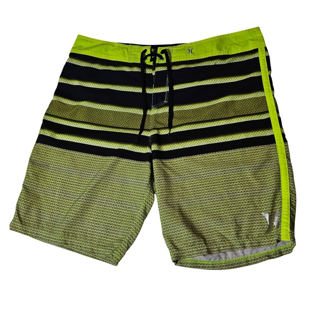 Hurley Phantom Board Shorts Mens Size 38 Neon Green Black Striped Swim Trunks